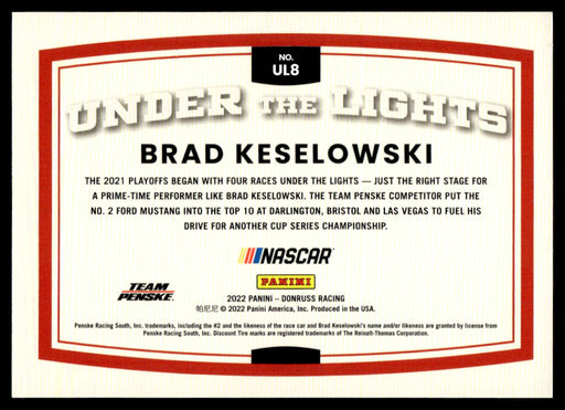 Brad Keselowski 2022 Panini Donruss Racing Holo Under the Lights Back of Card