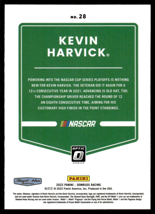 Kevin Harvick 2022 Panini Donruss Racing Optic Back of Card