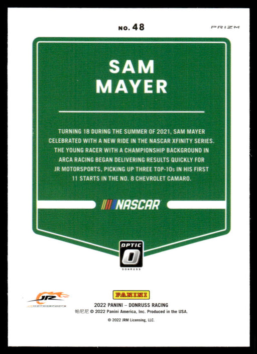 Sam Mayer 2022 Panini Donruss Racing Optic Holo Back of Card