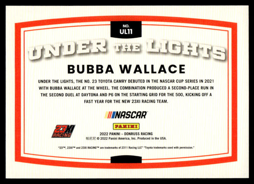 Bubba Wallace 2022 Panini Donruss Racing Holo Under the Lights Back of Card