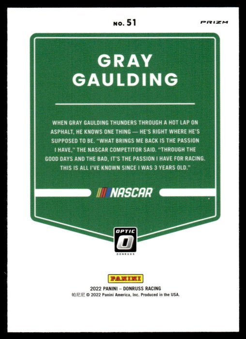 Gray Gaulding 2022 Panini Donruss Racing Optic Holo Back of Card