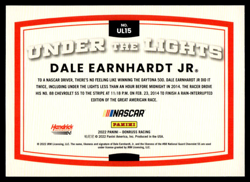 Dale Earnhardt Jr. 2022 Panini Donruss Racing Holo Under the Lights Back of Card