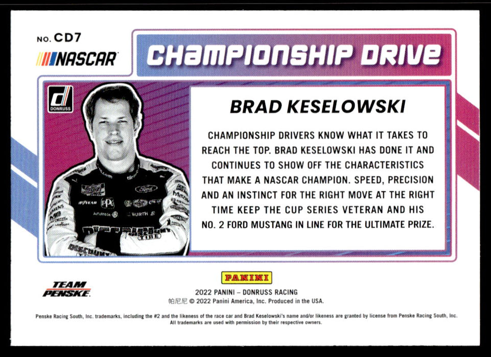 Brad Keselowski 2022 Panini Donruss Racing Championship Drive Back of Card