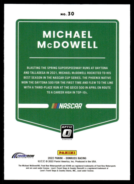 Michael McDowell 2022 Panini Donruss Racing Optic Back of Card