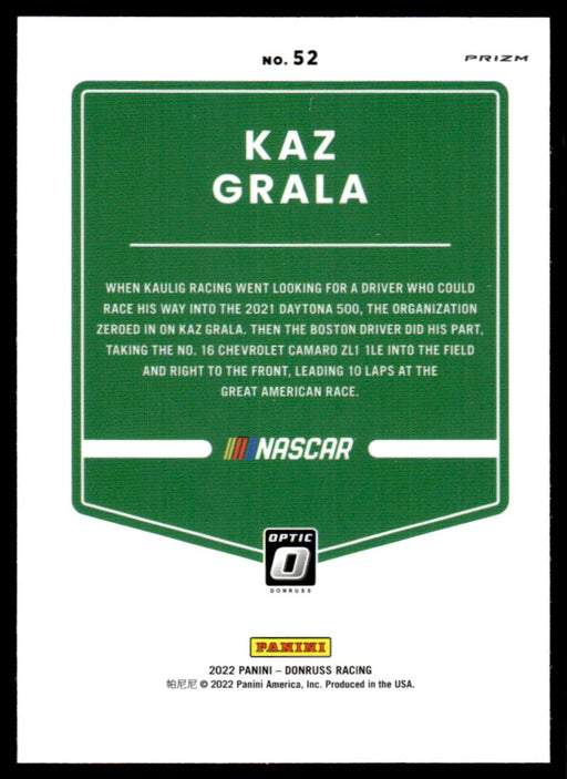 Kaz Grala 2022 Panini Donruss Racing Optic Holo Back of Card