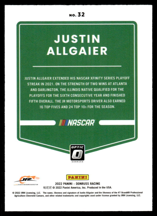 Justin Allgaier 2022 Panini Donruss Racing Optic Back of Card