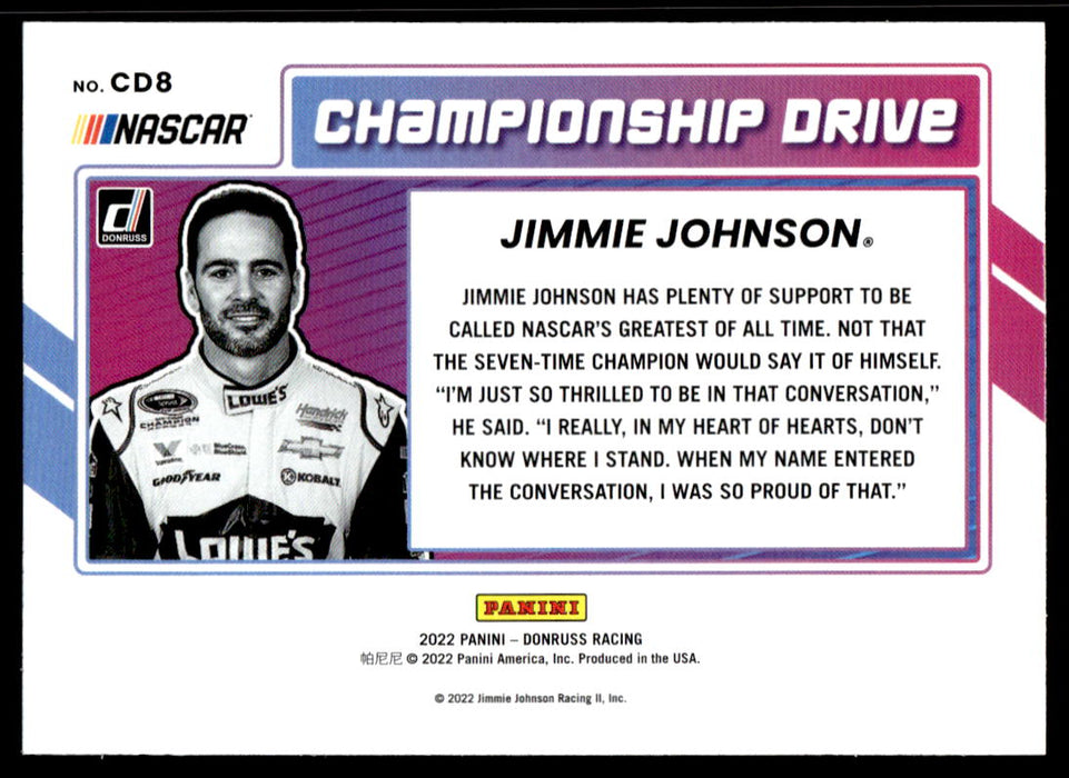 Jimmie Johnson 2022 Panini Donruss Racing Championship Drive Back of Card