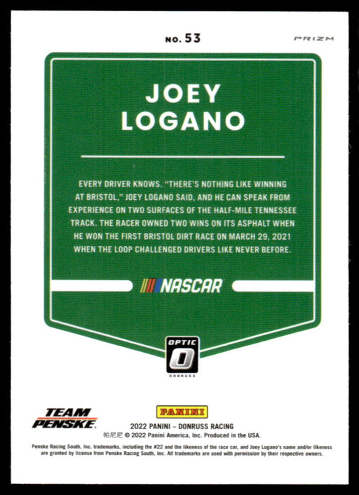 Joey Logano 2022 Panini Donruss Racing Optic Holo Back of Card