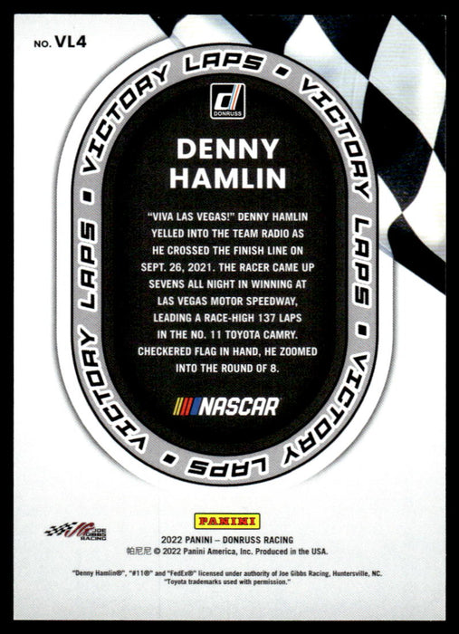 Denny Hamlin 2022 Panini Donruss Racing Holo Victory Laps Back of Card