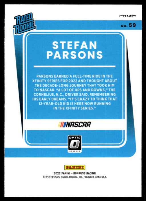 Stefan Parsons 2022 Panini Donruss Racing Optic Holo Rated Rookie Back of Card