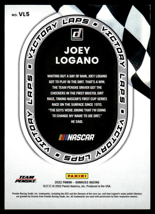 Joey Logano 2022 Panini Donruss Racing Holo Victory Laps Back of Card