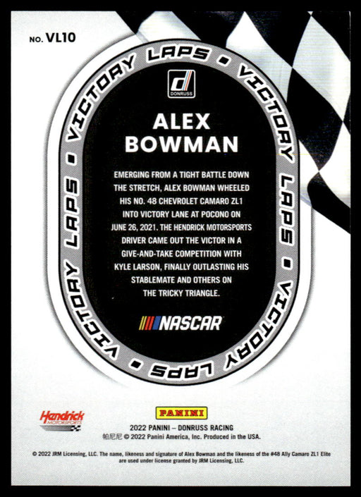 Alex Bowman 2022 Panini Donruss Racing Holo Victory Laps Back of Card