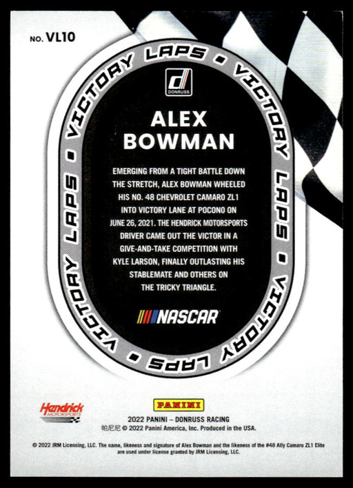 Alex Bowman 2022 Panini Donruss Racing Holo Victory Laps Back of Card