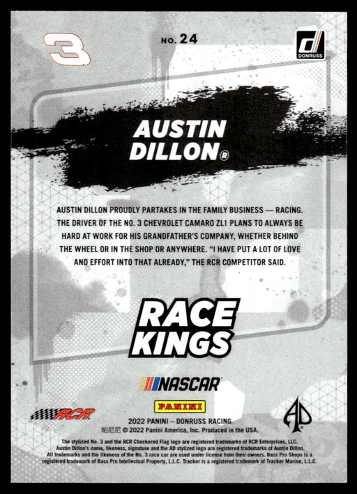 Austin Dillon 2022 Panini Donruss Racing Red Race Kings Back of Card