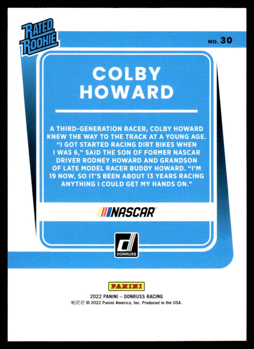 Colby Howard 2022 Panini Donruss Racing Red Rated Rookie Back of Card