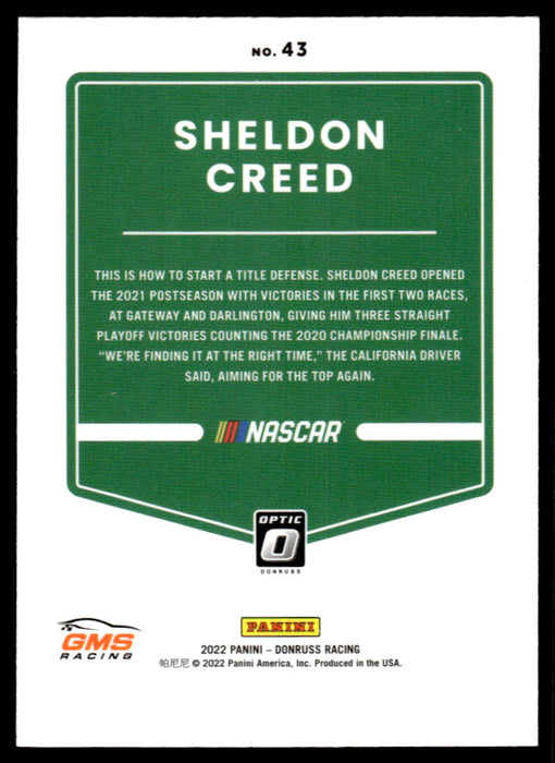 Sheldon Creed 2022 Panini Donruss Racing Optic Back of Card