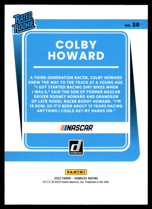 Colby Howard 2022 Panini Donruss Racing Red Rated Rookie Back of Card