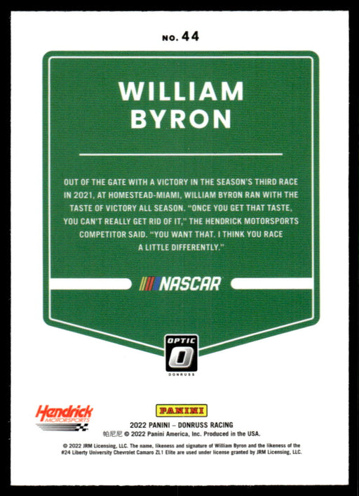 William Byron 2022 Panini Donruss Racing Optic Back of Card