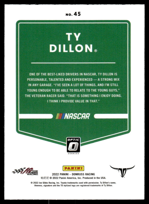 Ty Dillon 2022 Panini Donruss Racing Optic Back of Card