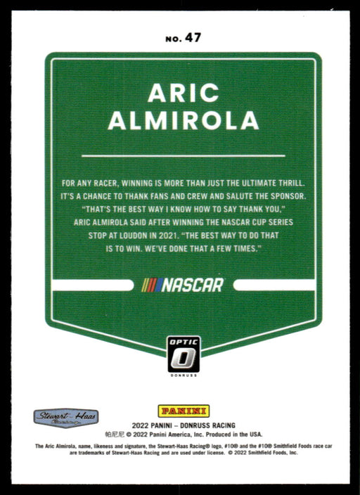 Aric Almirola 2022 Panini Donruss Racing Optic Back of Card