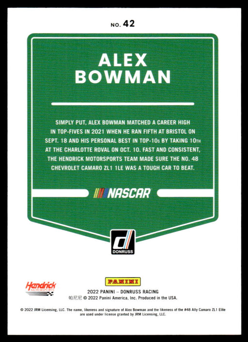 Alex Bowman 2022 Panini Donruss Racing Red Back of Card