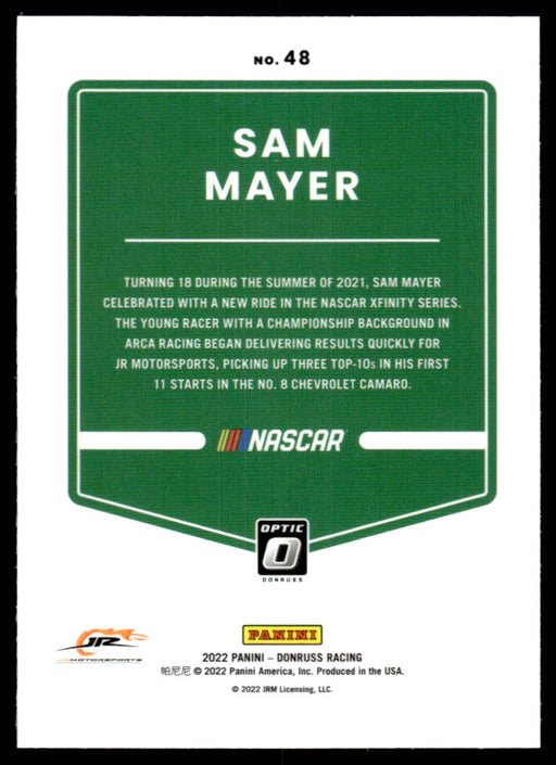 Sam Mayer 2022 Panini Donruss Racing Optic Back of Card