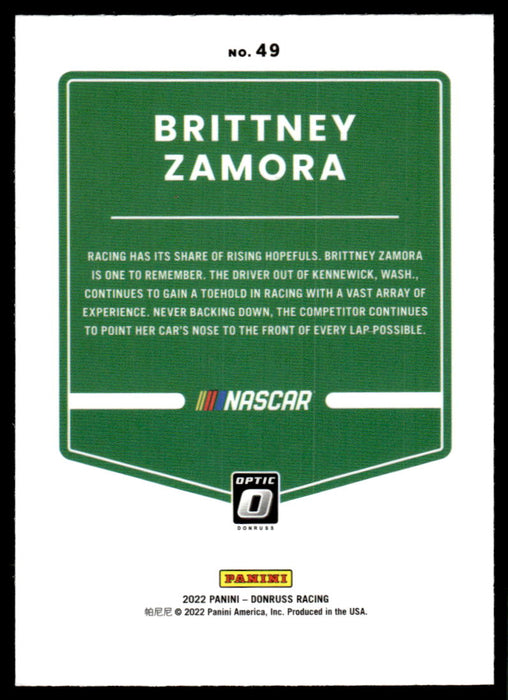 Brittney Zamora 2022 Panini Donruss Racing Optic Back of Card