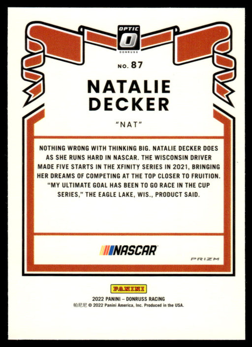 Natalie Decker 2022 Panini Donruss Racing Optic Holo Retro 1981 Back of Card