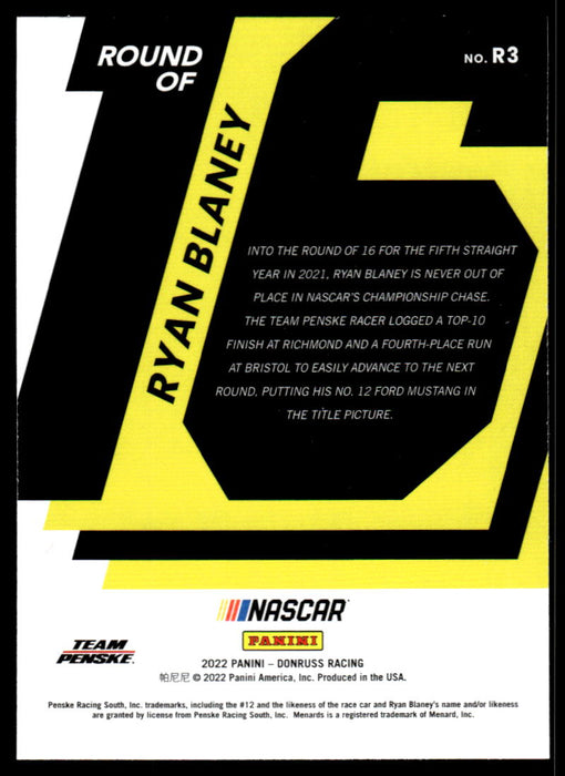 Ryan Blaney 2022 Panini Donruss Racing Round of 18 Back of Card