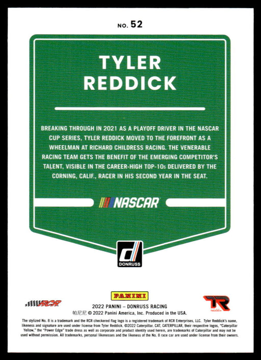 Tyler Reddick 2022 Panini Donruss Racing Red Back of Card