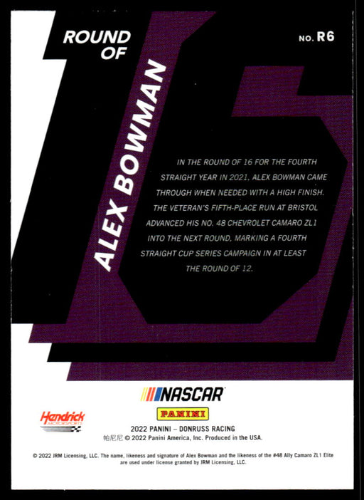 Alex Bowman 2022 Panini Donruss Racing Round of 21 Back of Card