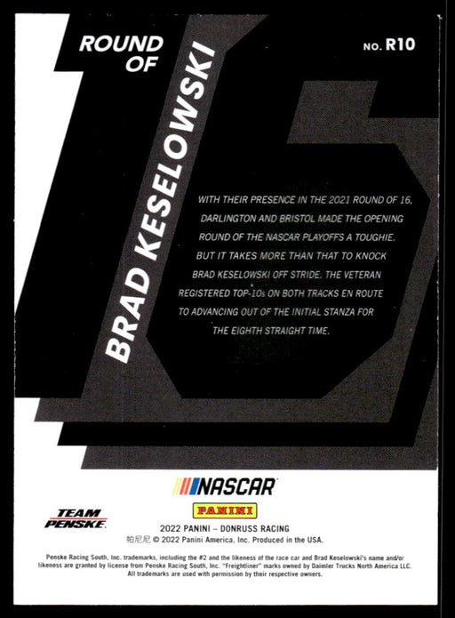 Brad Keselowski 2022 Panini Donruss Racing Round of 25 Back of Card