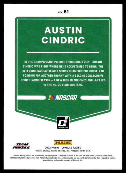 Austin Cindric 2022 Panini Donruss Racing Red Back of Card