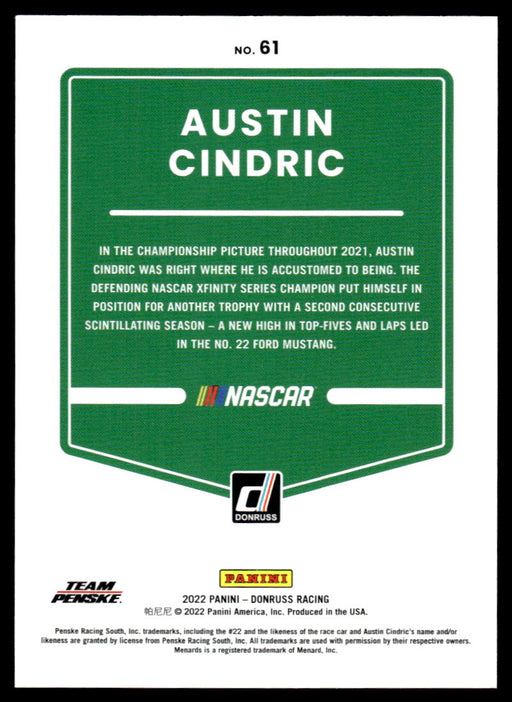 Austin Cindric 2022 Panini Donruss Racing Red Back of Card