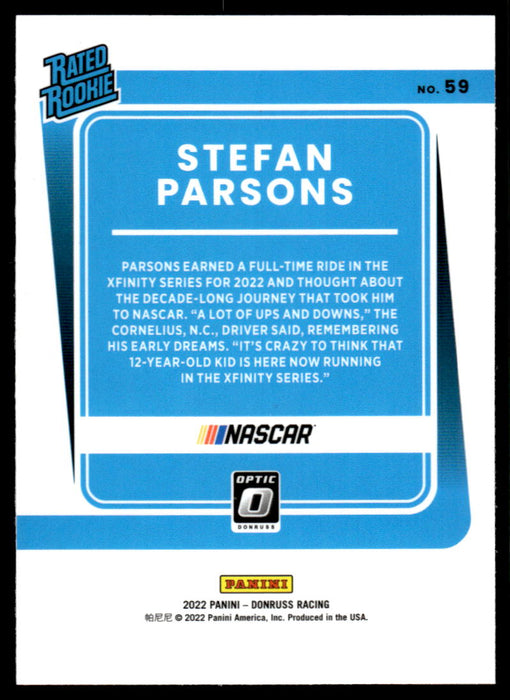 Stefan Parsons 2022 Panini Donruss Racing Optic Rated Rookie Back of Card