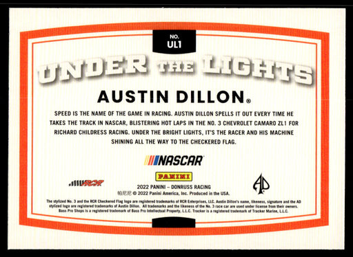 Austin Dillon 2022 Panini Donruss Racing Under the Lights Back of Card