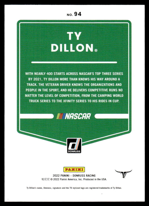 Ty Dillon 2022 Panini Donruss Racing Red Back of Card