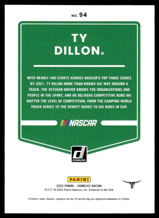 Ty Dillon 2022 Panini Donruss Racing Red Back of Card