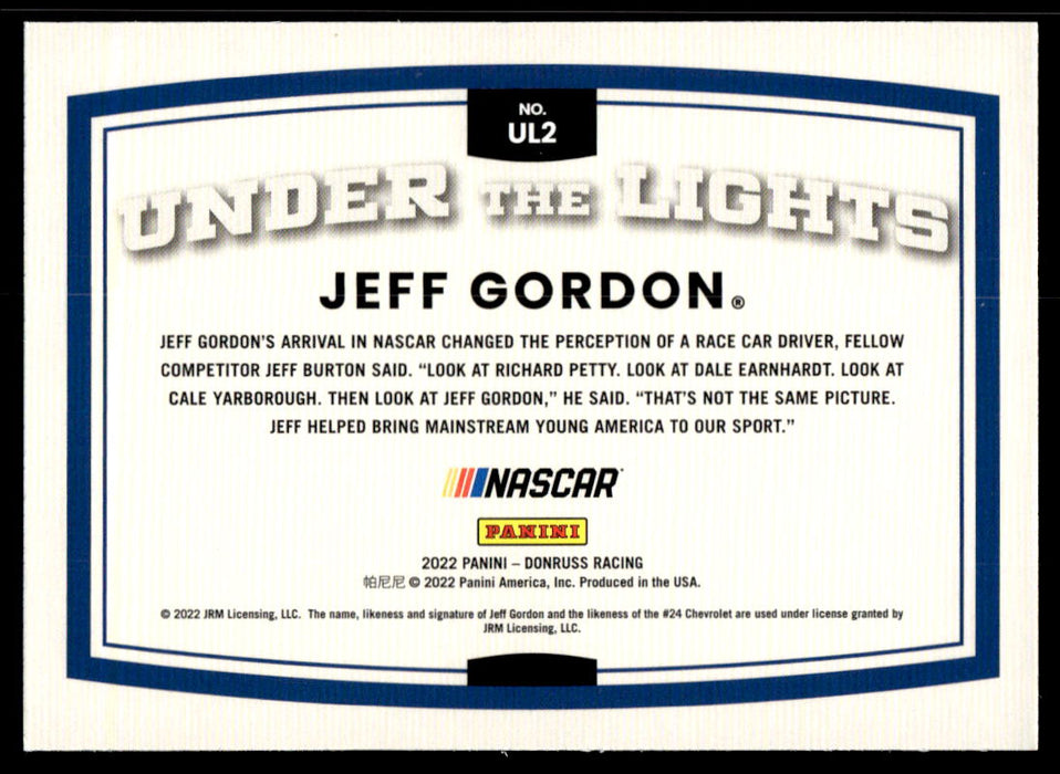 Jeff Gordon 2022 Panini Donruss Racing Under the Lights Back of Card