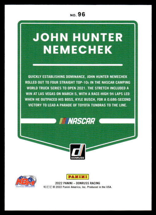 John Hunter Nemechek 2022 Panini Donruss Racing Red Back of Card