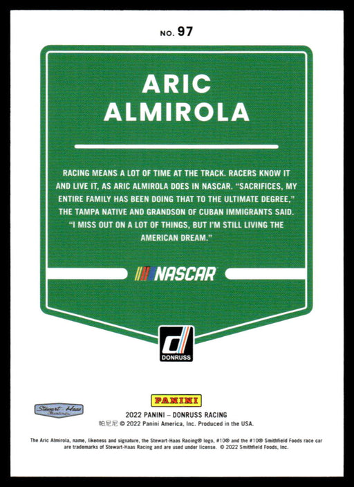 Aric Almirola 2022 Panini Donruss Racing Red Back of Card