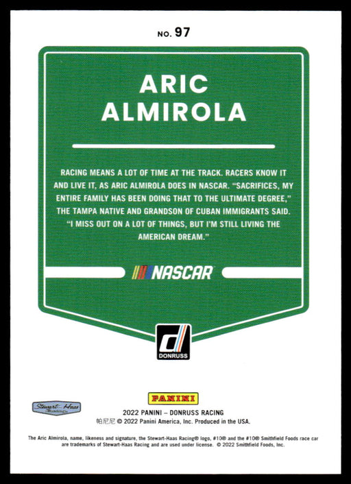 Aric Almirola 2022 Panini Donruss Racing Red Back of Card