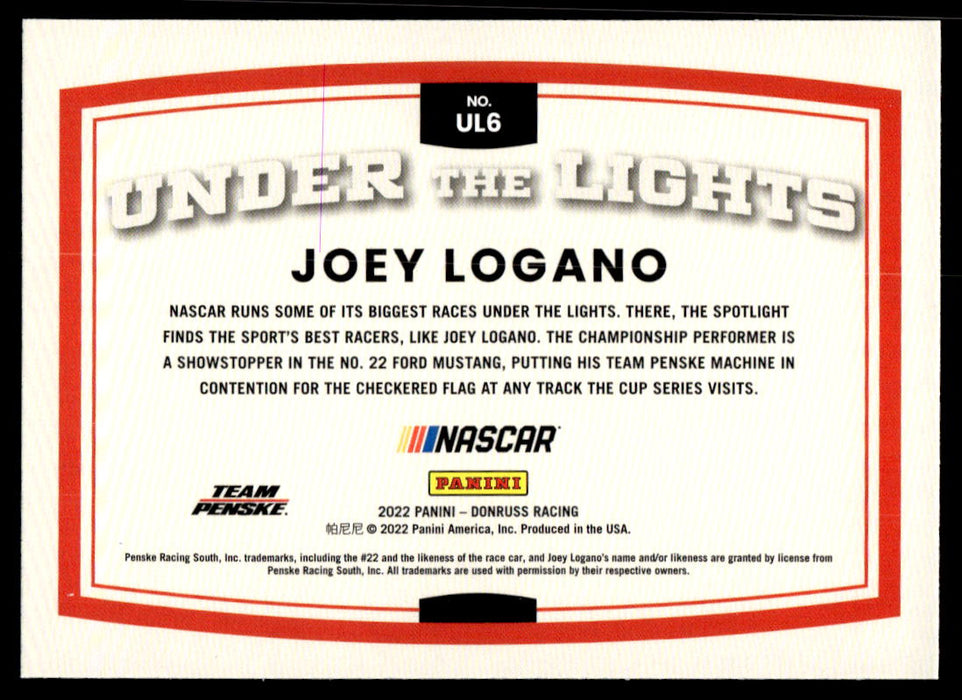 Joey Logano 2022 Panini Donruss Racing Under the Lights Back of Card