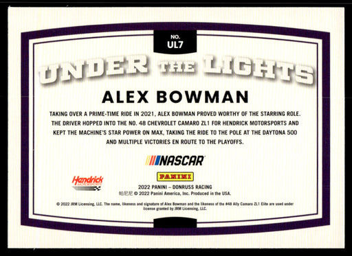 Alex Bowman 2022 Panini Donruss Racing Under the Lights Back of Card