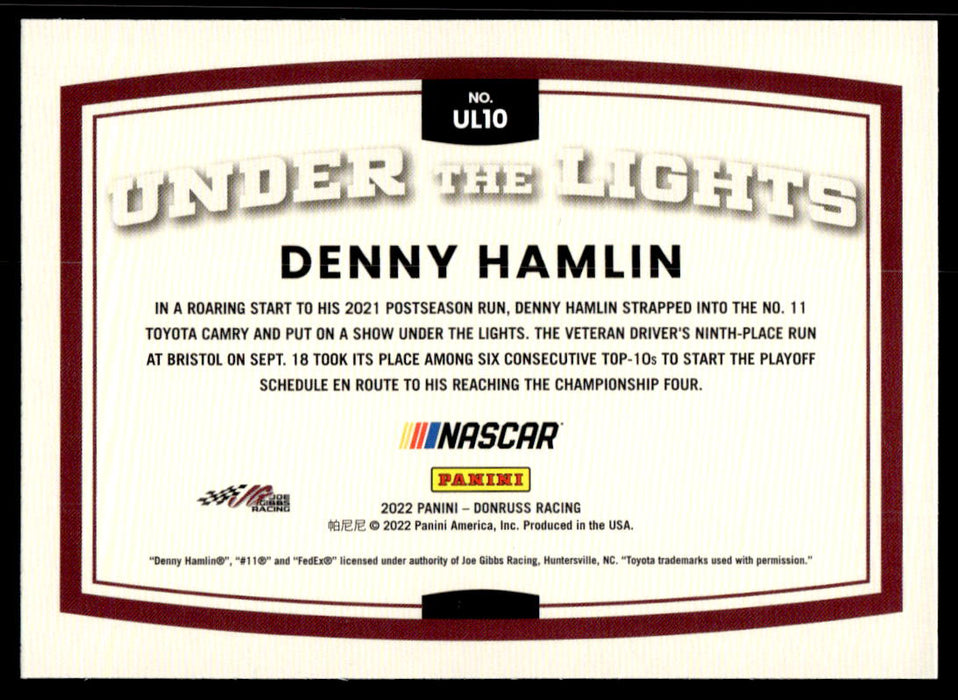 Denny Hamlin 2022 Panini Donruss Racing Under the Lights Back of Card