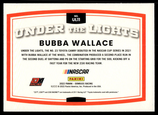 Bubba Wallace 2022 Panini Donruss Racing Under the Lights Back of Card