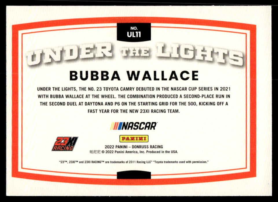 Bubba Wallace 2022 Panini Donruss Racing Under the Lights Back of Card