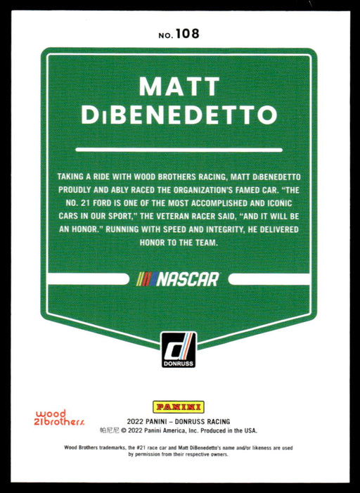 Matt DiBenedetto 2022 Panini Donruss Racing Red Back of Card