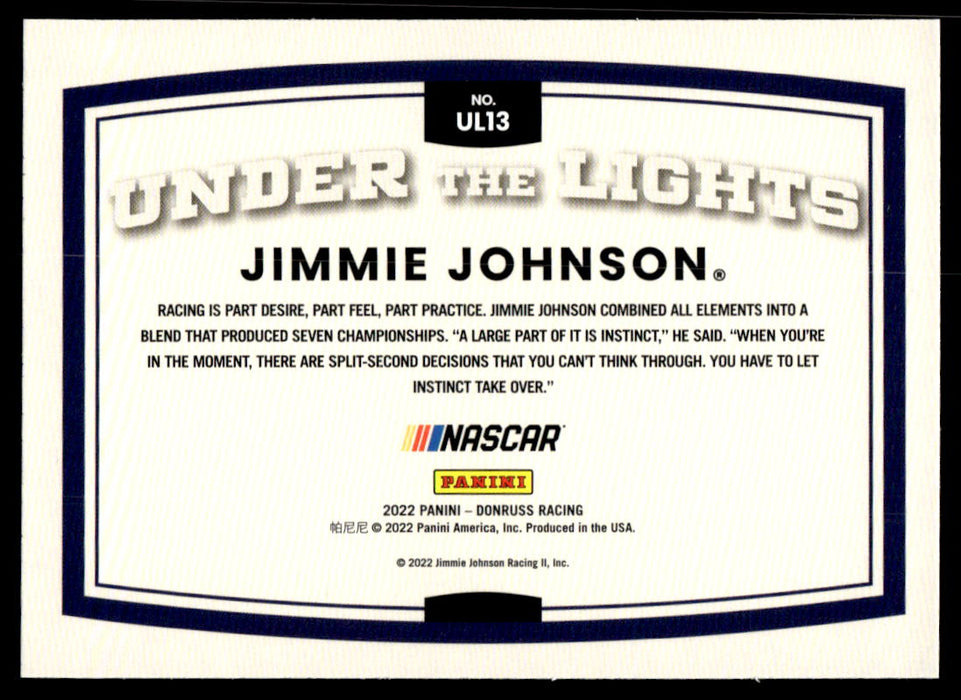 Jimmie Johnson 2022 Panini Donruss Racing Under the Lights Back of Card