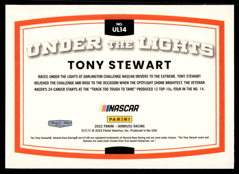 Tony Stewart 2022 Panini Donruss Racing Under the Lights Back of Card